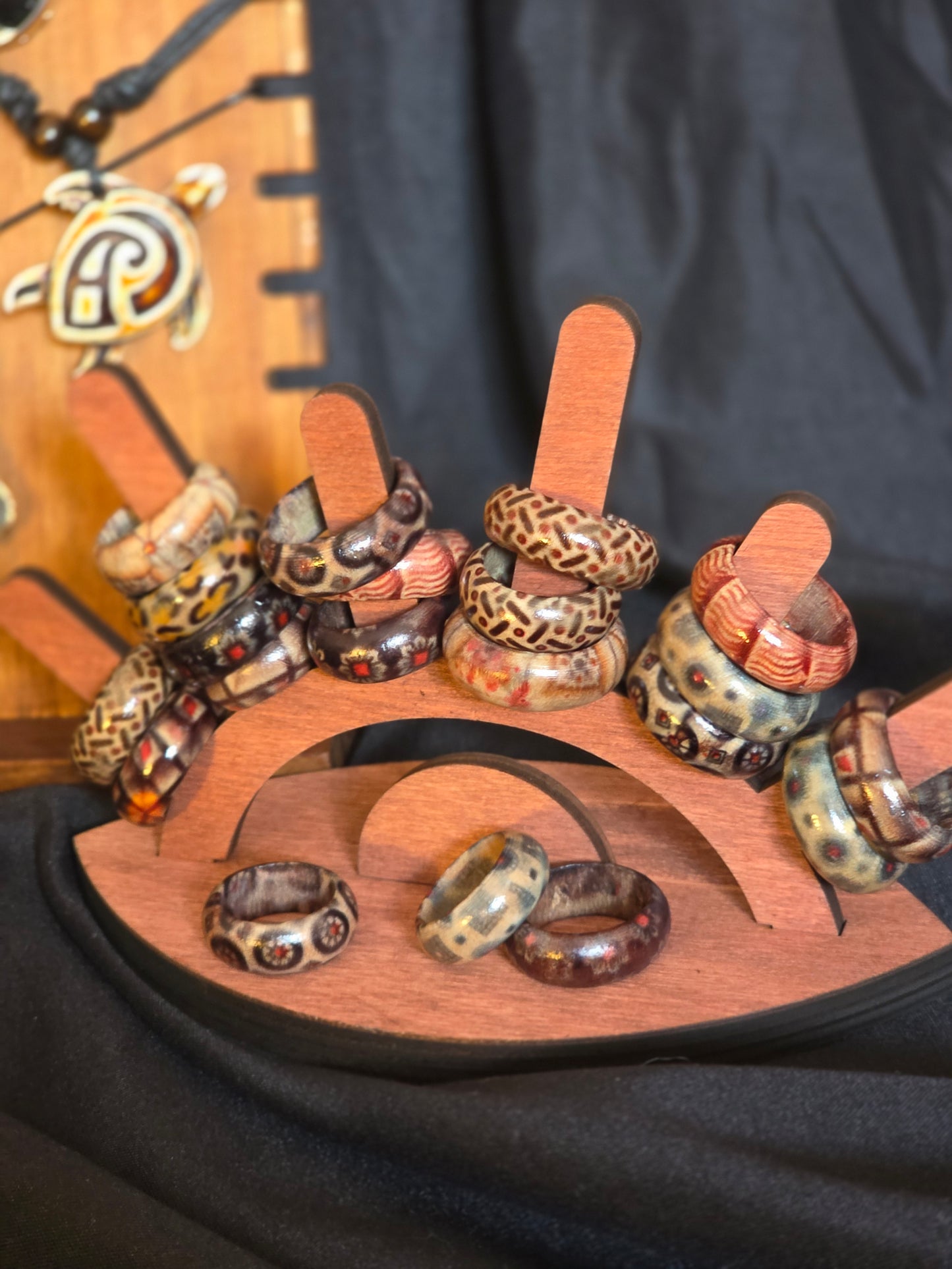 Tribal animal print design wooden fashion rings
